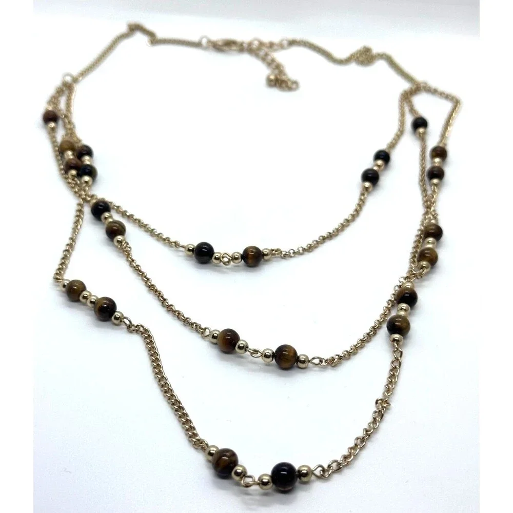 Vintage Goldtone Triple Chain Tiger's Eye Beaded 24